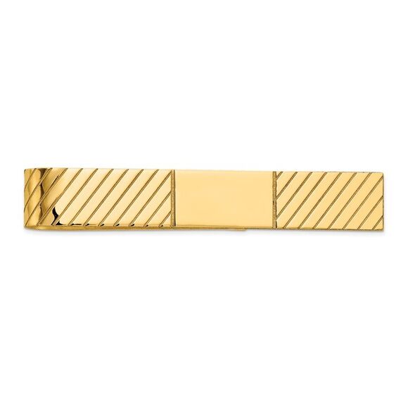 14K Yellow Gold Polished & Diagonal Grooved Tie Bar 8 x 50mm